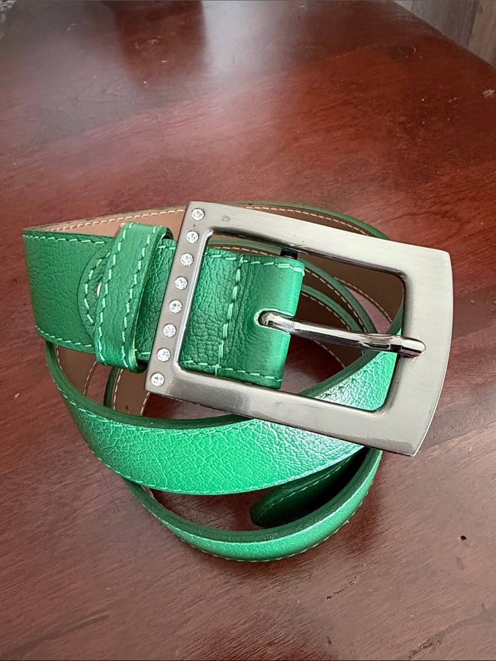 Vibrant green Italian leather belt with Rhinestone-Studded Silver Buckle